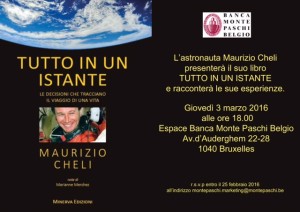 La locandina ufficiale dell'evento che vedrà protagonista Maurizio Cheli a Bruxelles per la presentazione del suo libro "Tutto in un istante"
