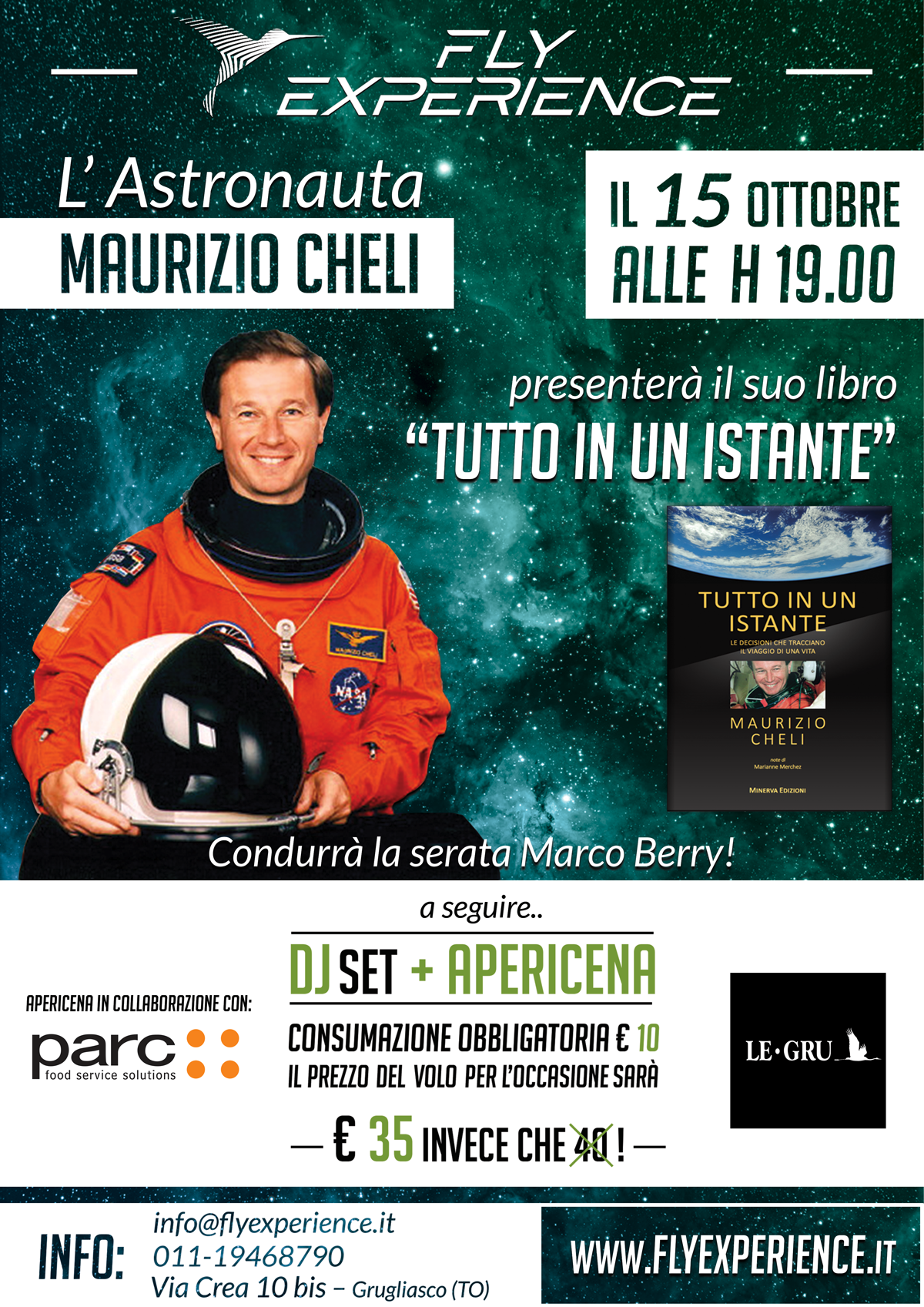 15 ottobre, torino, Maurizio Cheli - Aperifly, astronauta, flyexperience